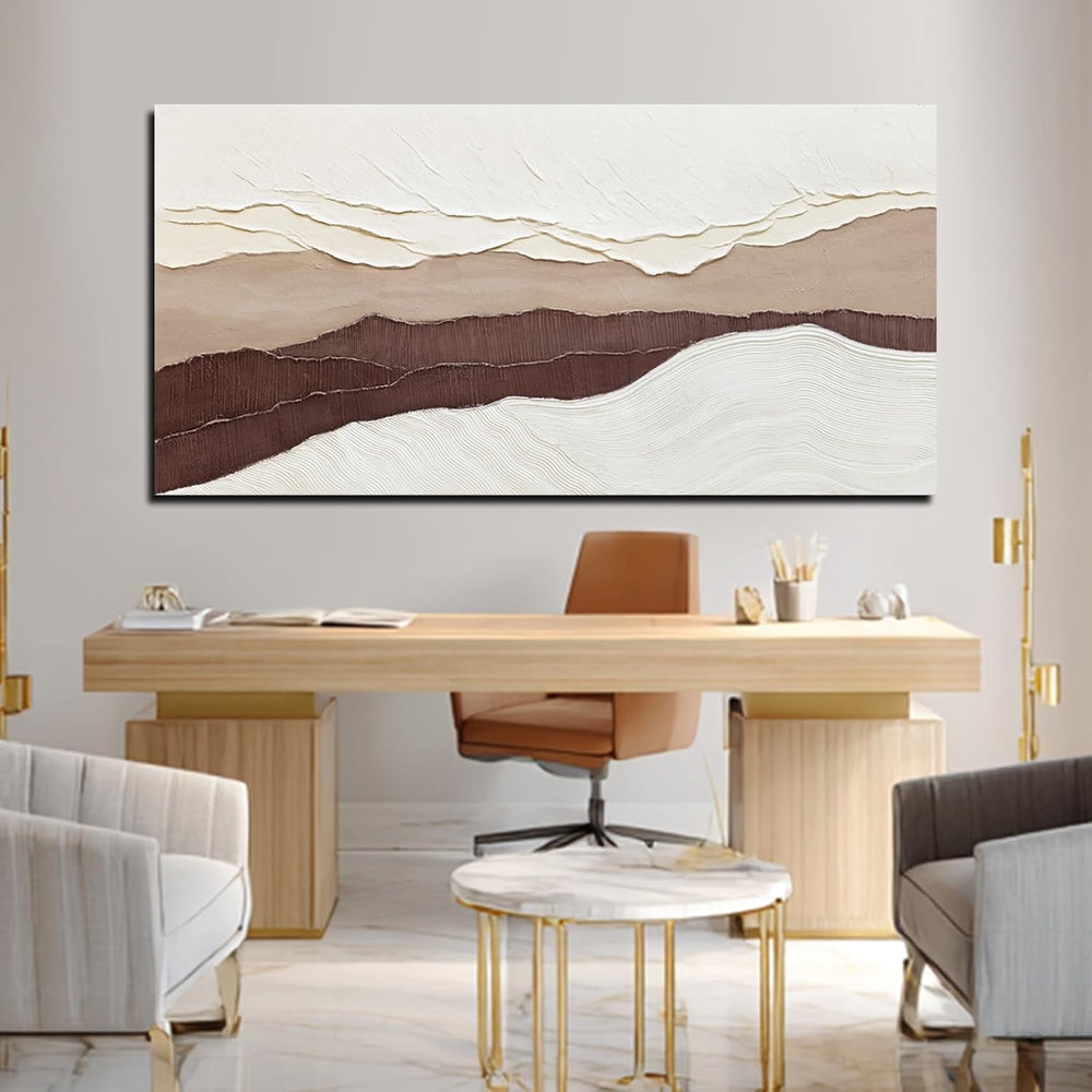 LEVERUP Beige and Brown Abstract Canvas Textured Wave Wall Art 29x58 inch Lar...