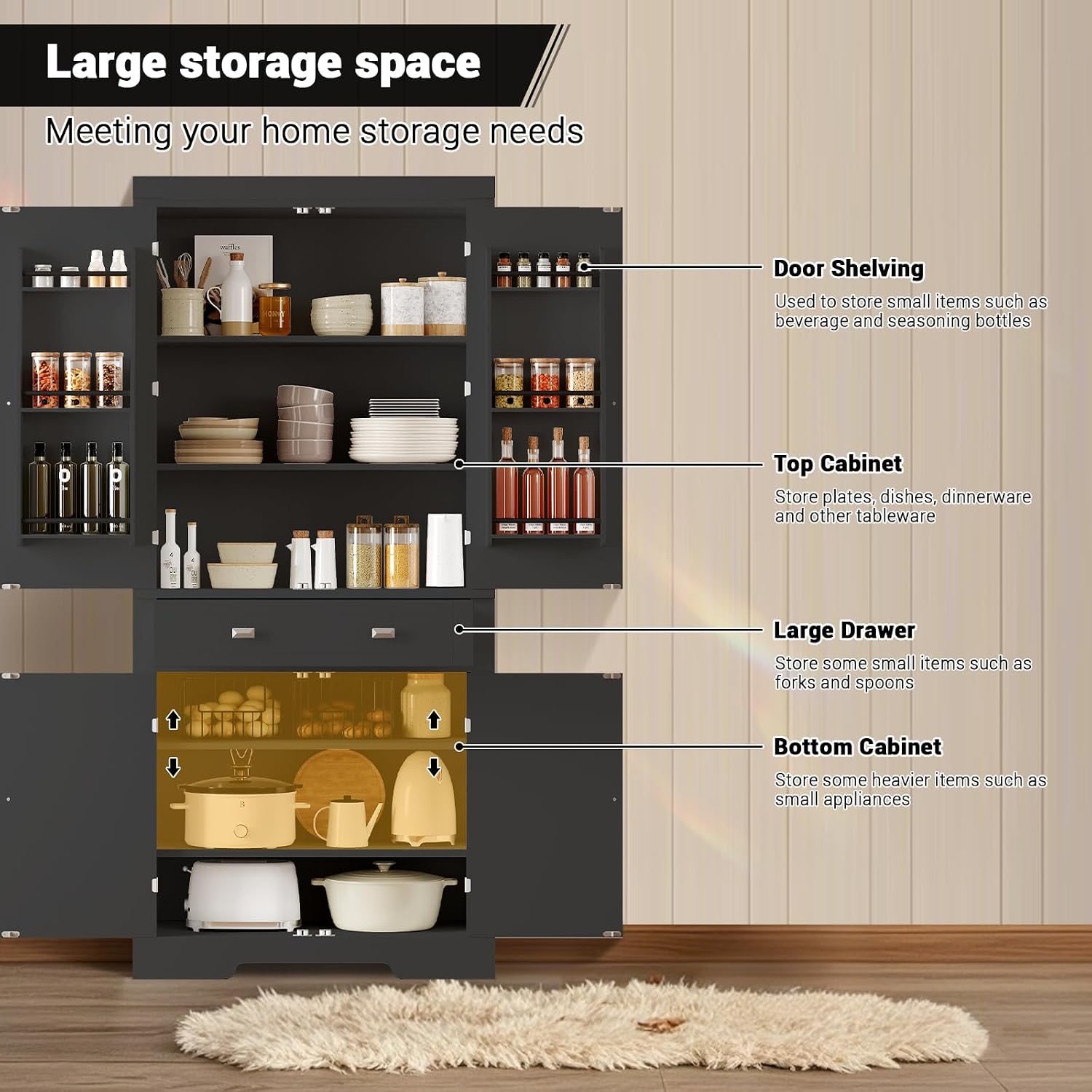 Kitchen Pantry Storage Cabinet, 72 Inches Freestanding Food Pantry Cabinet with Drawer, Modern Wood Cupboard with 6 Door Shelves and 4 Adjustable Shelves for Ding Room, White