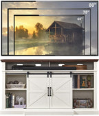 Farmhouse TV Stand for 80 Inch TVs, 37.4"Tall Entertainment Center w/Storage Cabinets and Sliding Barn Door, Media Console Cabinet w/Soundbar & Adjustable Shelves for Living Room, 70 inch (White)