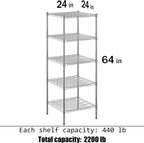 24" Deep x 24" Wide x 64" Height Wire Shelving Kit | 5-Tier | NSF Commercial Storage Rack Unit