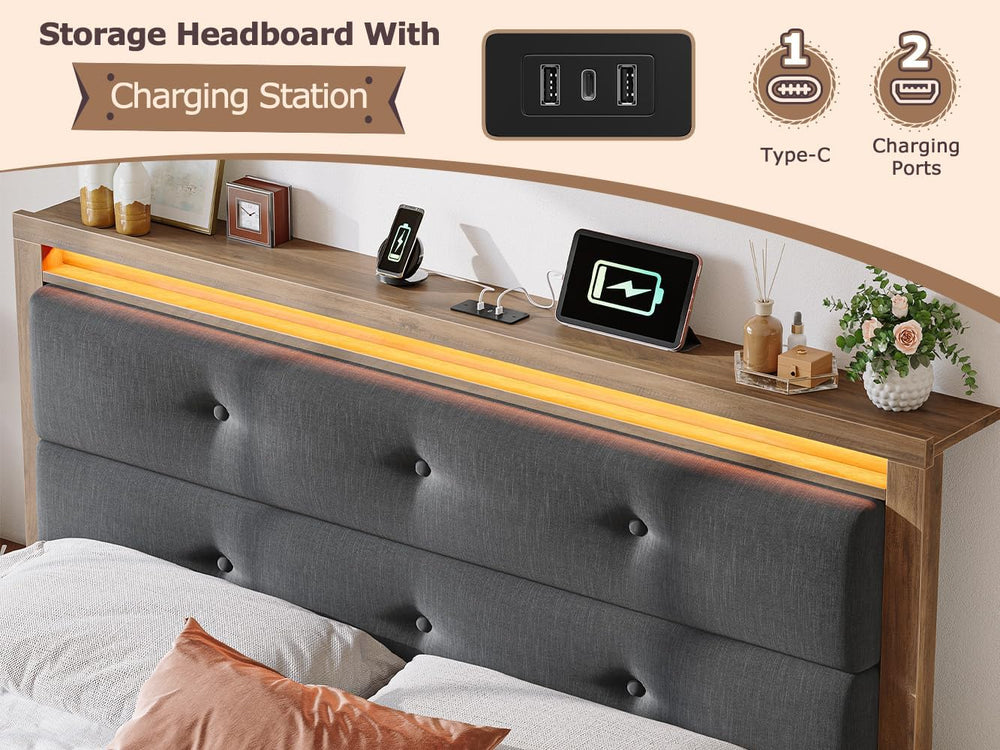 EnHomee King Size Bed Frame with Upholstered Storage Headboard,Grey