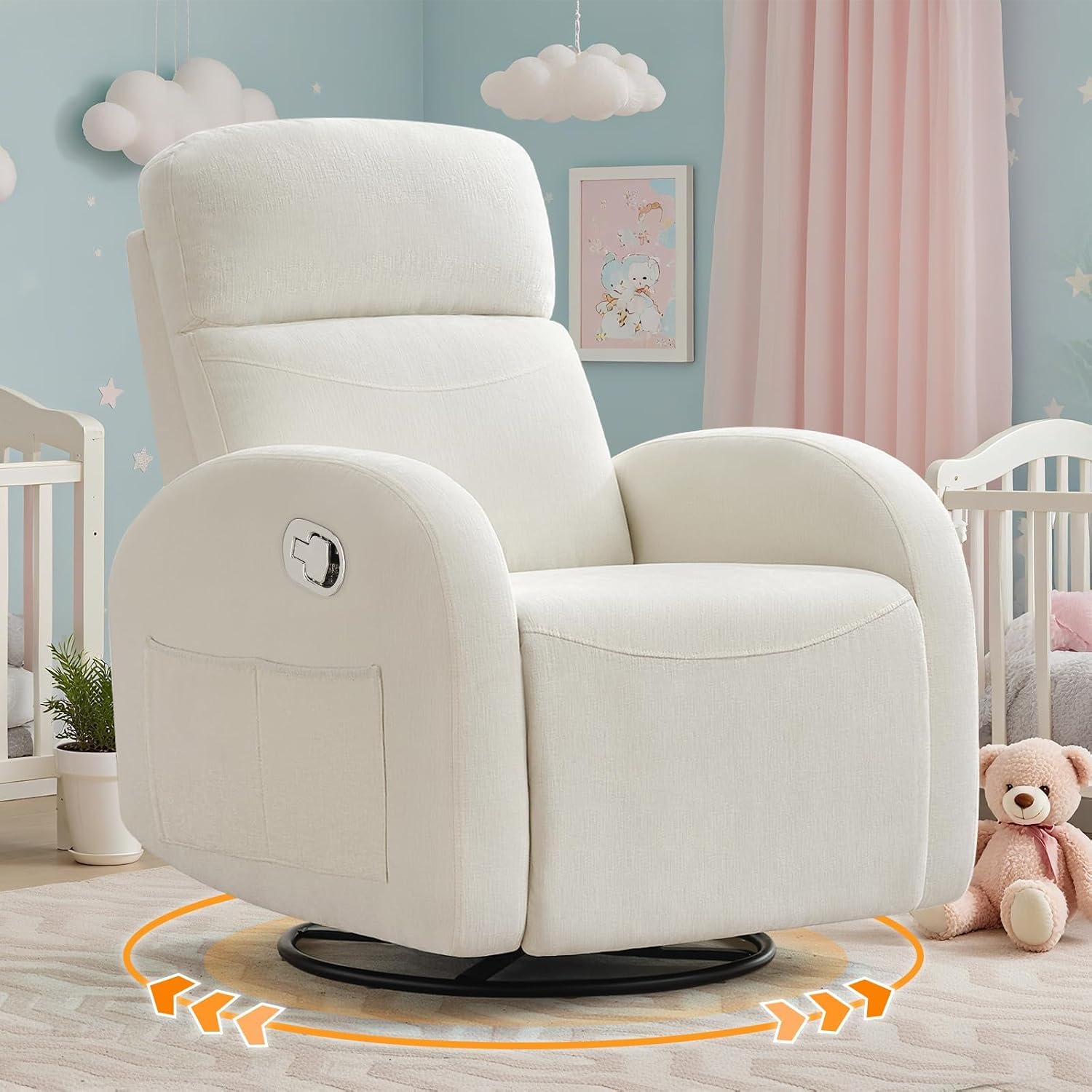 Manual Nursery Glider Recliner,Rocker Recliner Chair, Small Recliner Chair | Small Recliners for Small Spaces, 360° Swivel, 30° Rocker, Lumbar Support,2 Pockets, Chenille Cream White
