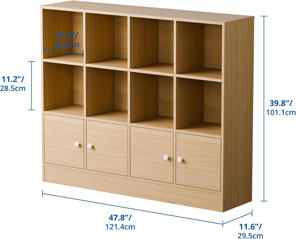 Cozy Castle Oak Wood Bookcase, 12 Cube Storage Organizer Shelf with 4 Doors, 3 Tier Storage Cabinet with Anti-Tilt Device for Bedroom, Living Room, Office
