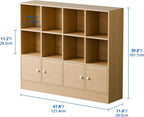 Cozy Castle Oak Wood Bookcase, 12 Cube Storage Organizer Shelf with 4 Doors, 3 Tier Storage Cabinet with Anti-Tilt Device for Bedroom, Living Room, Office