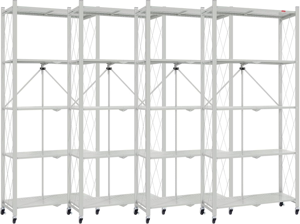 DEANIC 5 Tier Foldable Storage Shelves with Wheels, Large Capacity Shelving Unit, Freestanding Metal Wire Shelf Rack, No Assembly Organizer Rack for Garage Kitchen, Basement, Pantry(Grey Pack of 4)