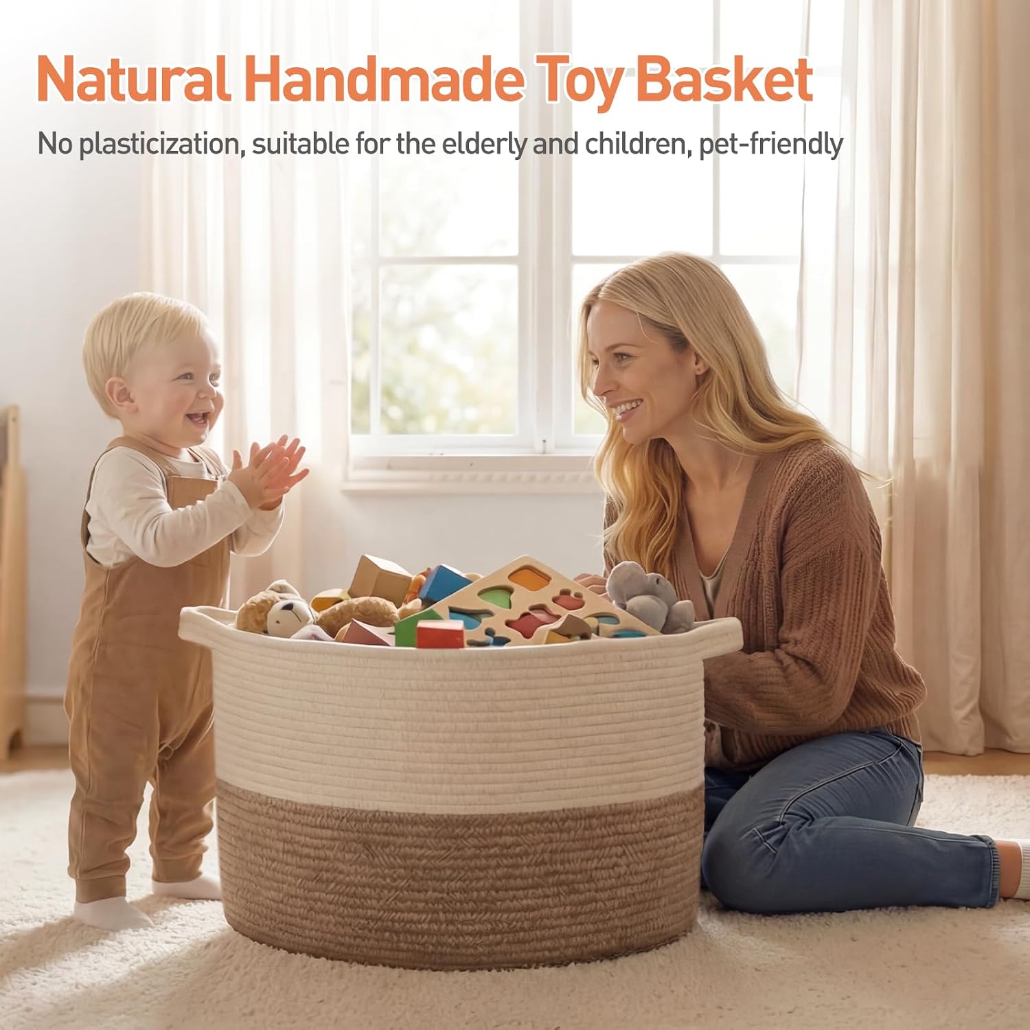 OIAHOMY 90L XXXLarge Blanket Basket for Living Room, 21.7" x 13.8" Woven Cotton Rope Laundry Basket for Organizing Pillows, Decorative Stuffed Animal Toy Storage for Nursery, White and Linen Brown