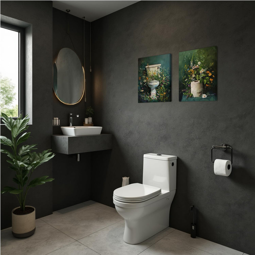 Framed Vintage Floral Bathroom Wall Art Set of 3, Dark Green Moody Flower Can...
