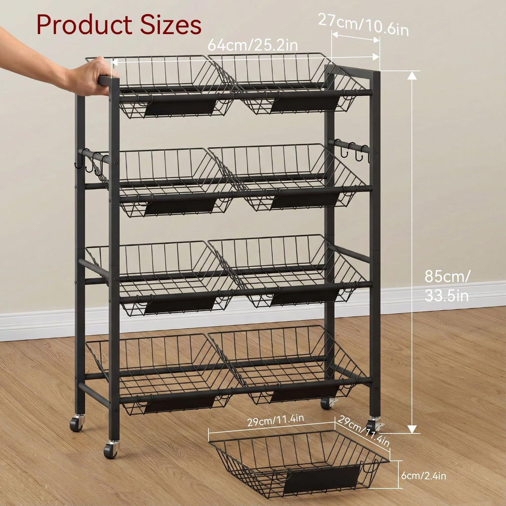 IBUYKE Kitchen Fruit Vegetable Storage Cart,Utility Cart,Black,TLJ025B | 25.2" W Metal Rolling Snack Cart with 8 Removable Basket,Pantry Cart with Wheels for Veggie Onion Potato Bin