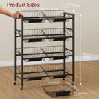 IBUYKE Kitchen Fruit Vegetable Storage Cart,Utility Cart,Black,TLJ025B | 25.2" W Metal Rolling Snack Cart with 8 Removable Basket,Pantry Cart with Wheels for Veggie Onion Potato Bin
