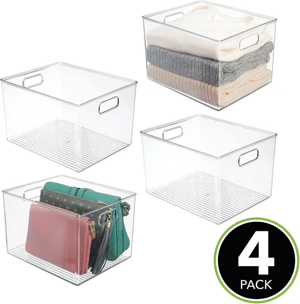 mDesign Plastic Storage Organizer Container Bin, Closet Organization for Hallway, Bedroom, Linen, Coat, and Entryway - Holds Clothing, Blankets, and Accessories, Ligne Collection, 4 Pack, Clear