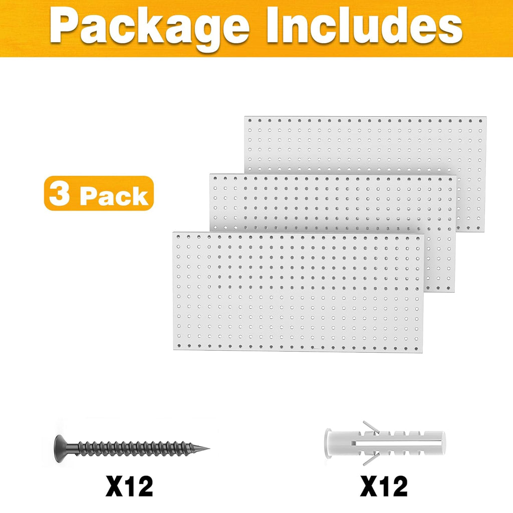 Pegboard Smith Metal Pegboard Panels 12" x 24", 3 Pack Grey Wall Mounted Tool Organizer Boards, Heavy Duty Tool Storage Peg Board for Garage, Workbench, Office, Fits 1/4" Peg Hooks
