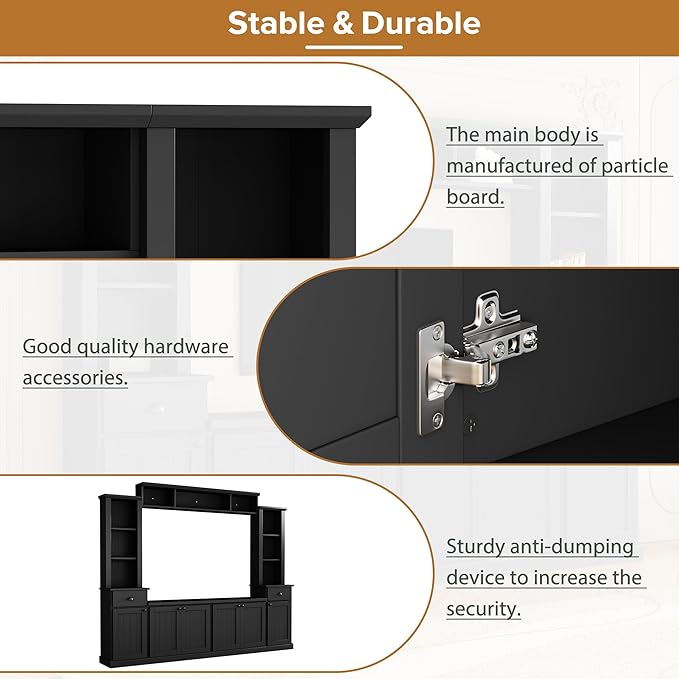 Merax Minimalist 103" Entertainment Wall Unit Set with Overhead Bridge for TVs Up to 75", Modern Large Media Console with Adjustable Shelves, Ample Storage Cabinets & Drawers for Living Room, Black