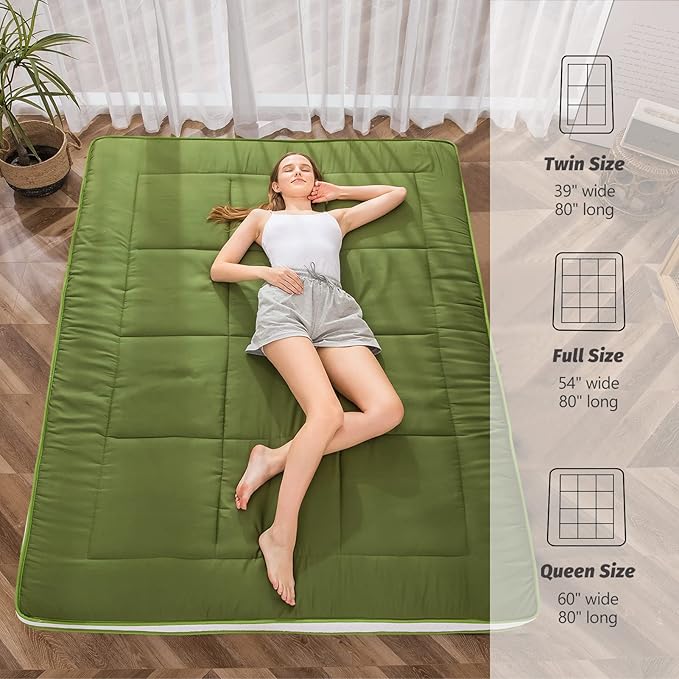 MAXYOYO Futon Mattress, Padded Japanese Floor Mattress Quilted Bed Mattress Topper, Extra Thick Folding Sleeping Pad Breathable Floor Lounger Guest Bed for Camping Couch, Green, Full