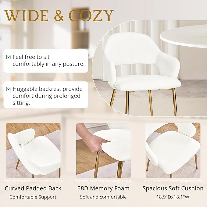 VECELO Velvet Dining Chairs Set of 2, Modern Upholstered Kitchen Chairs with Cushion, Padded Backrest and Metal Legs, White