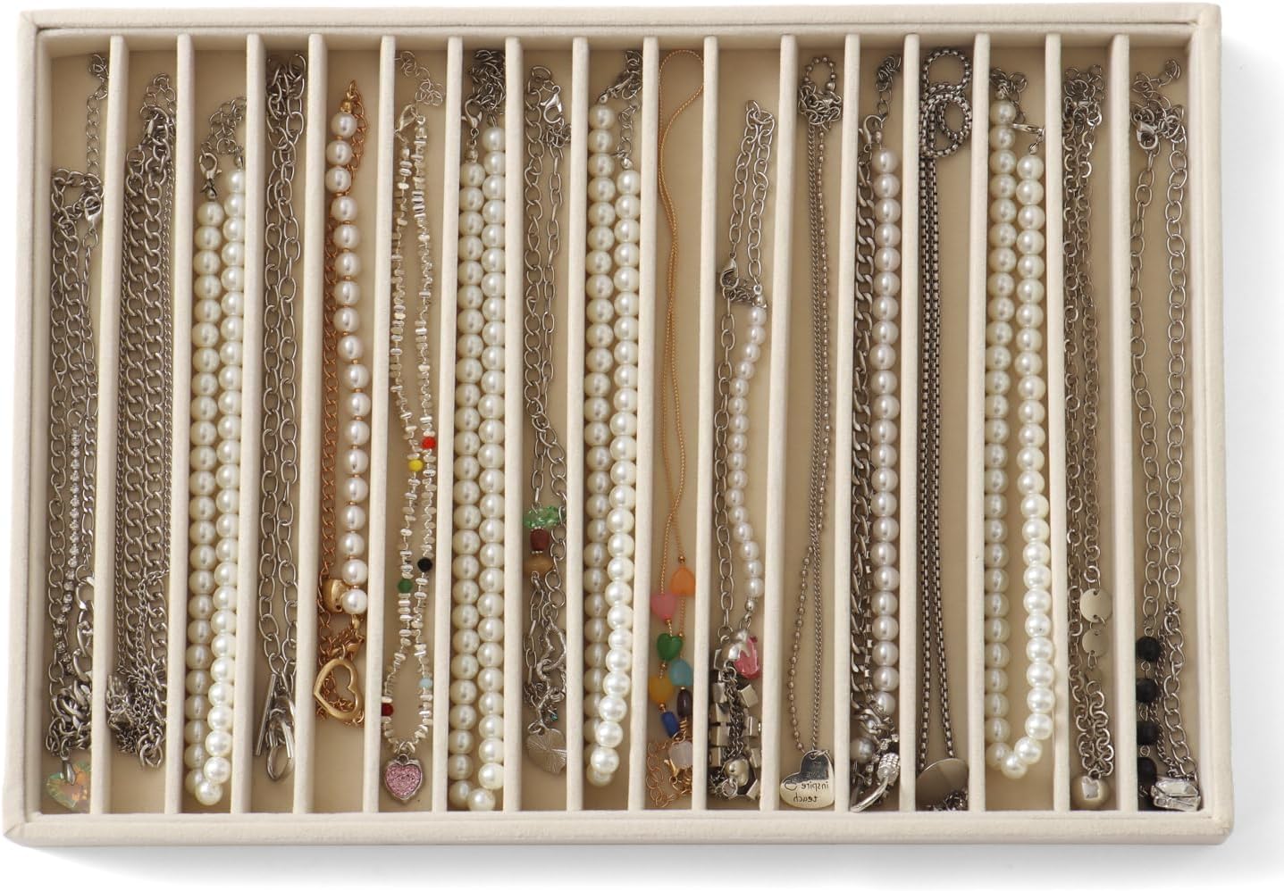 Large Jewelry Organizer for Drawer Insert Velvet Stackable Jewelry Trays for Earring Necklace Bracelet Ring Display (Beige, 16 Grids)