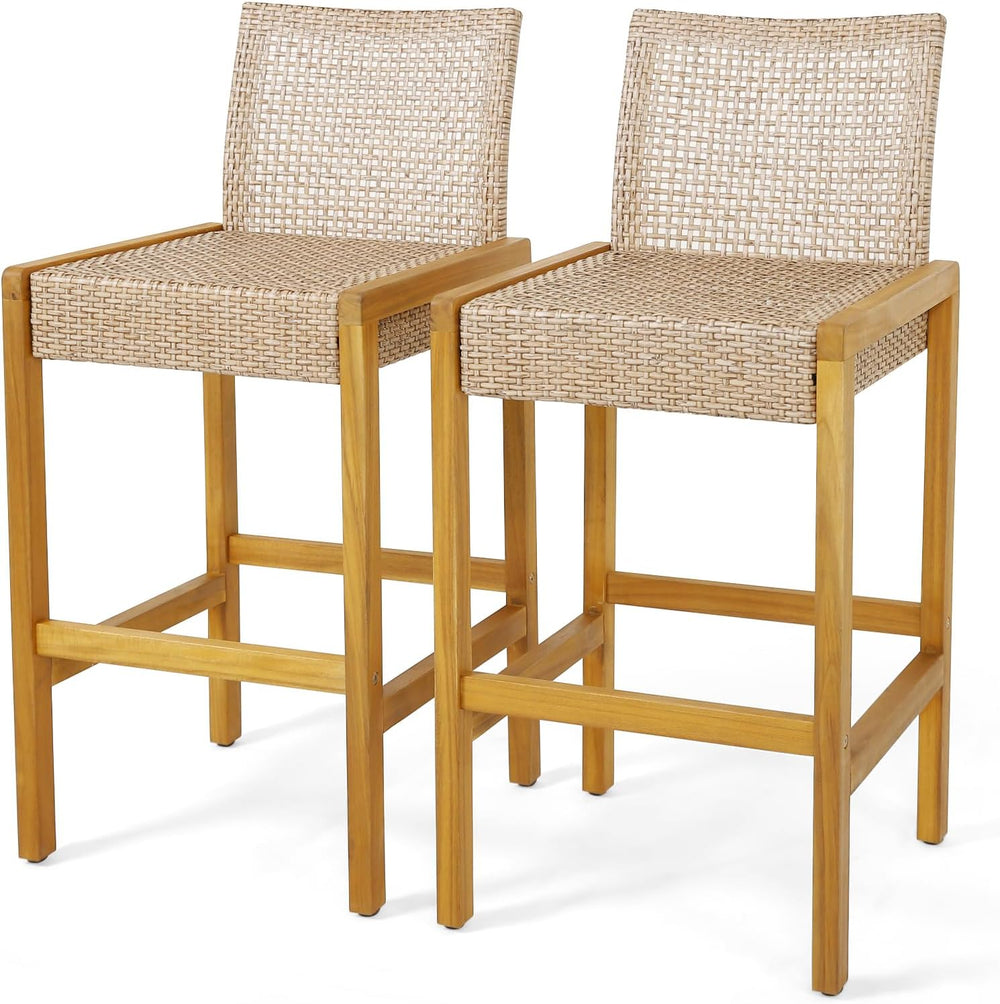 Tangkula Patio Wood Barstools Set of 2, PE Rattan Bar Height Chairs with Back...