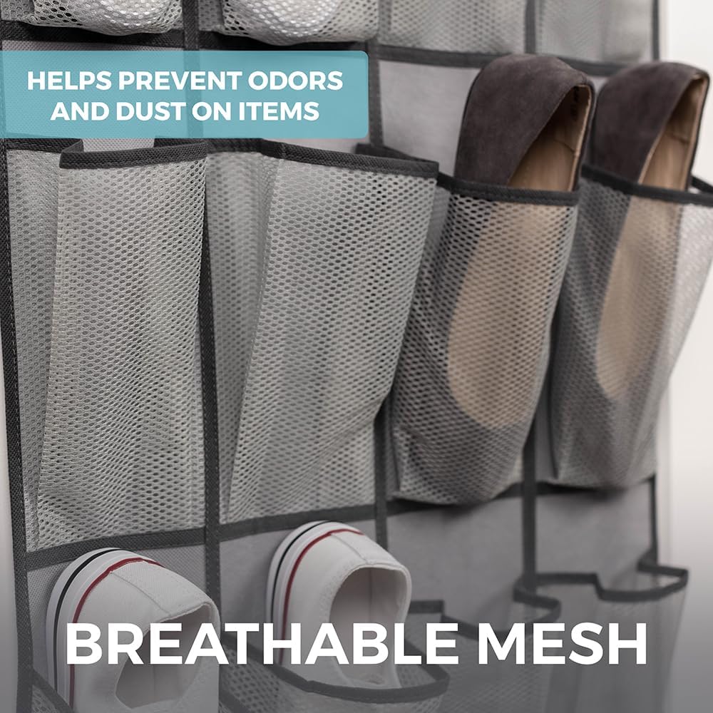 Over the Door Hanging Shoe Organizer, 24 Breathable Mesh Pockets, Closet Rack Storage Holder, Stay in Place Hooks Hang on Closets, Hanger Holds Up to 40 lbs for Shoes, Accessories, Gray