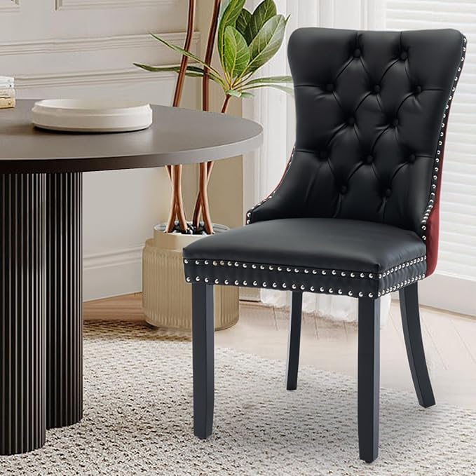 Leather Upholstered Dining Chairs Set of 6, Modern Style Kitchen Side Chairs with Nailhead Trim and Wood Leg, Metal Pulling Ring for Dining Room Living Room(Black&Wine Red)