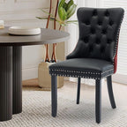 Leather Upholstered Dining Chairs Set of 6, Modern Style Kitchen Side Chairs with Nailhead Trim and Wood Leg, Metal Pulling Ring for Dining Room Living Room(Black&Wine Red)