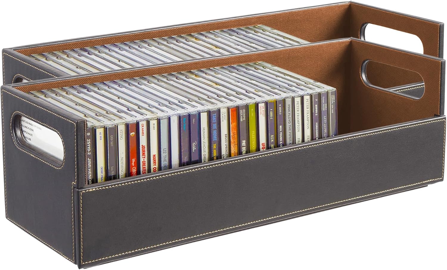 Stock Your Home 2- Pack CD Storage Box, Organizer Shelf for Movie Cases, DVDs, Cassette Tape Display Stand, Disc Holder Can Store Up to 40 CDs, Faux Leather (Brown)