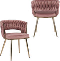 KCC Modern Velvet Dining Chairs Set of 2, Upholstered Living Room Chair with Woven Back and Golden Metal Legs, Mid-Century Accent Side Chair for Dining Room, Kitchen, Rose