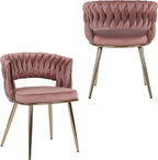 KCC Modern Velvet Dining Chairs Set of 2, Upholstered Living Room Chair with Woven Back and Golden Metal Legs, Mid-Century Accent Side Chair for Dining Room, Kitchen, Rose