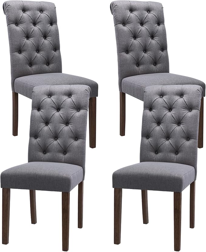 Tufted Dining Chairs Set of 4, Upholstered Parsons Dining Room Chairs, Fabric Kitchen Side Chair with Wood Legs, Dark Grey