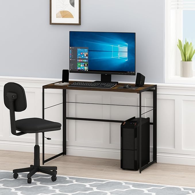 Furinno Riau No Tool/No Assembly/Folding Metal Frame Computer Desk, Rustic Oak/Black, 39 Inch
