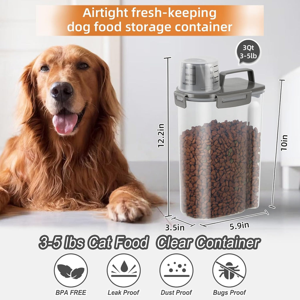 3-5Lbs Airtight Small Cat Dog Pet Food Storage Containers BPA Free, with Large Pour Spout/1 Measuring Cup/4 Safety Locks and Double-layer Silicone Strip (Olive Gray 2Pack