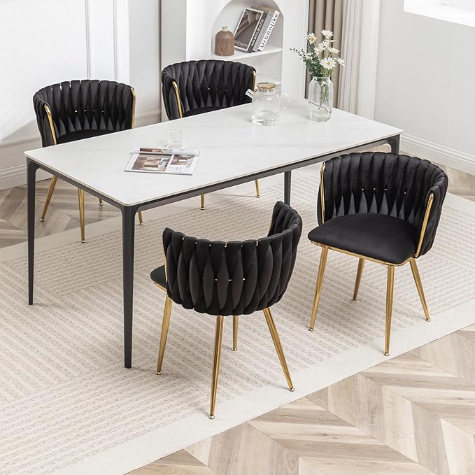 Velvet Dining Chairs Set of 4, Modern Upholstered Woven Dining Chairs with Go...