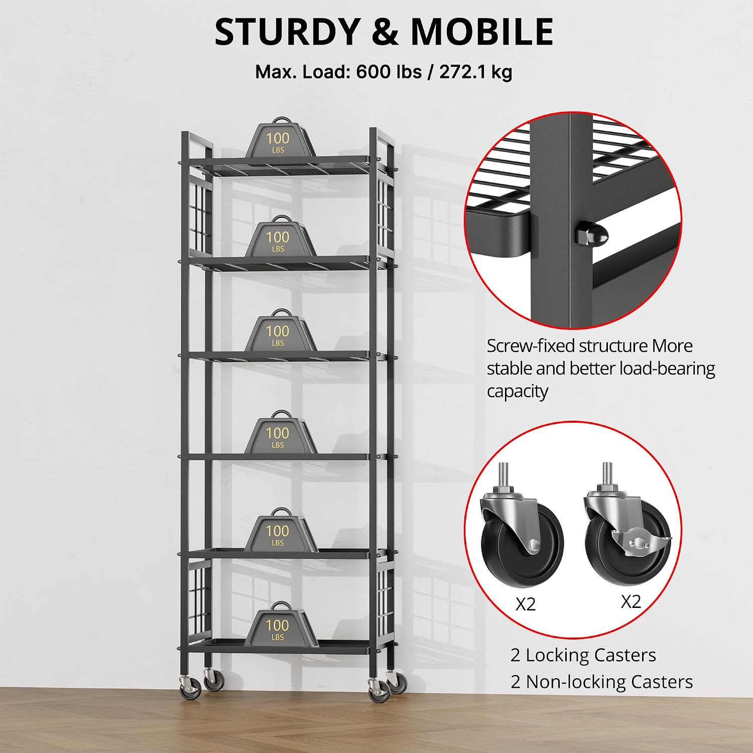 GIOTORENT 6-Wire Standing Storage Shelf with Wheels, Mobile Metal Shelving Unit for Bathroom Organizers & Laundry Room, Kitchen Pantry Rack, Heavy Duty Utility Shelf, Black