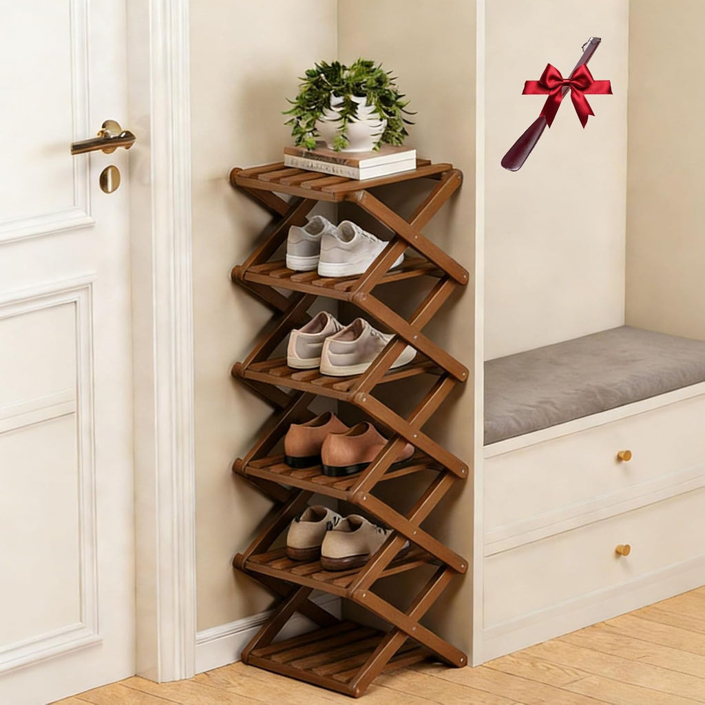 The 9-Tier No-Assembly Bamboo Rack, Folding Accordion Shoe Rack with Collapsible Vertical Design, Space-Saving Shoe Organizer for Entryway Closet Dorm (Brown, 6)