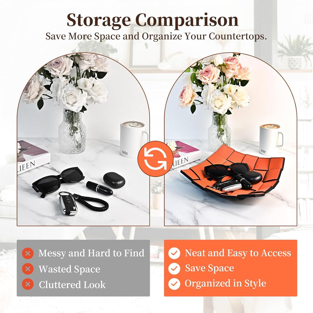 MSJGA Valet Tray PU Leather Key Holder Bowl for Women and Men Entryway Table Nightstand Desk Tray for Wallet, Keys Men's Gift - Orange & Black, 9.8" L x 9.8" W x 2" H