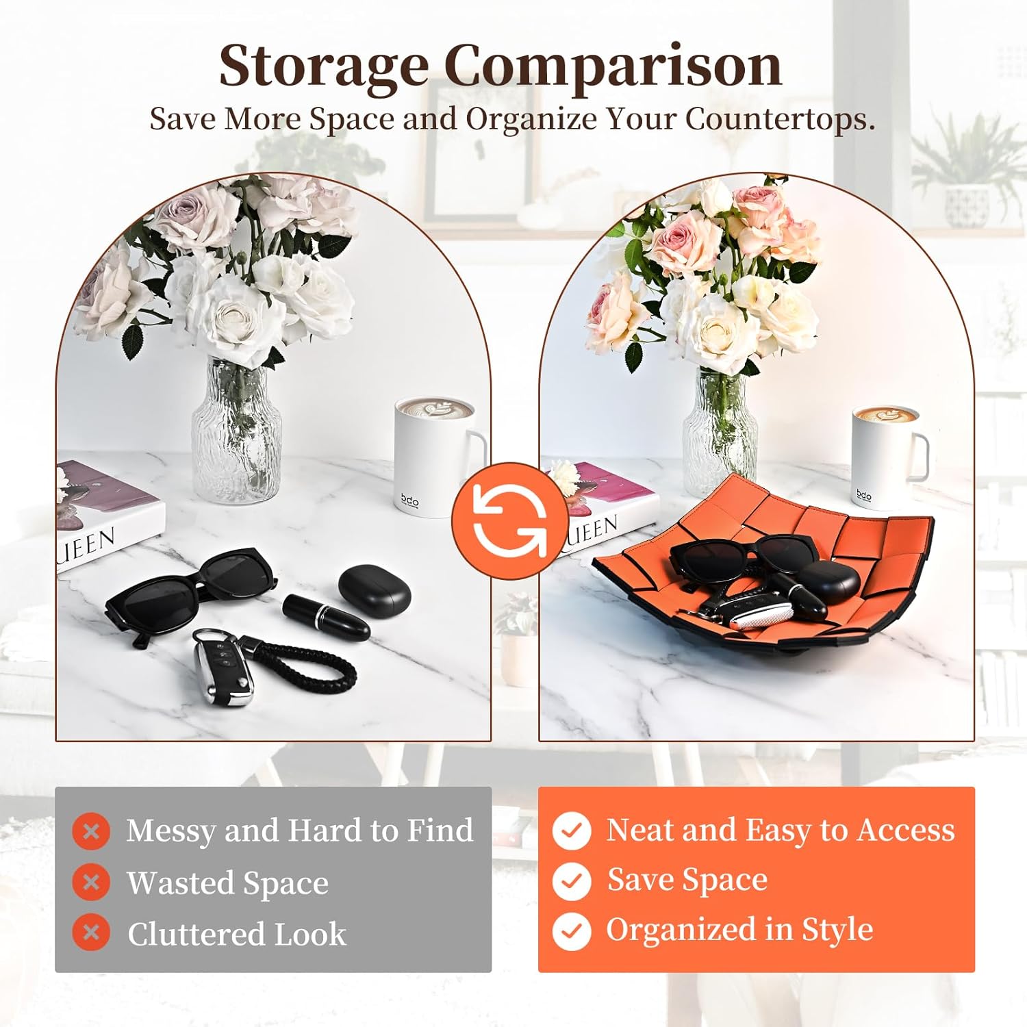 MSJGA Valet Tray PU Leather Key Holder Bowl for Women and Men Entryway Table Nightstand Desk Tray for Wallet, Keys Men's Gift - Orange & Black, 9.8" L x 9.8" W x 2" H