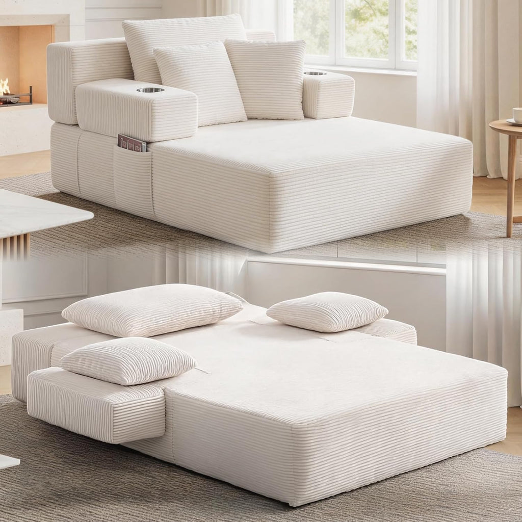 70"Chaise Lounge Chair, Oversized Boneless Chair & 2 Cup Holder 4 Pockets | Oversized Corduroy Lounge Chair Indoor Convertible, 3 Pillows, Deep Seat Sleeper Sofa Bed, Living Room, Reading, No Assembly