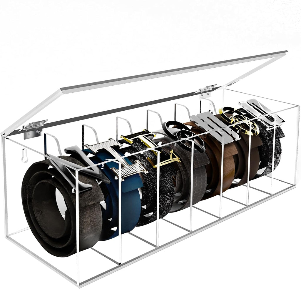 Acrylic Belt Organizer with Flap Dust Cover – 7-Compartment Clear Storage Case for Belts, Ties & Bow Ties | Closet & Drawer Display Holder for Men & Women