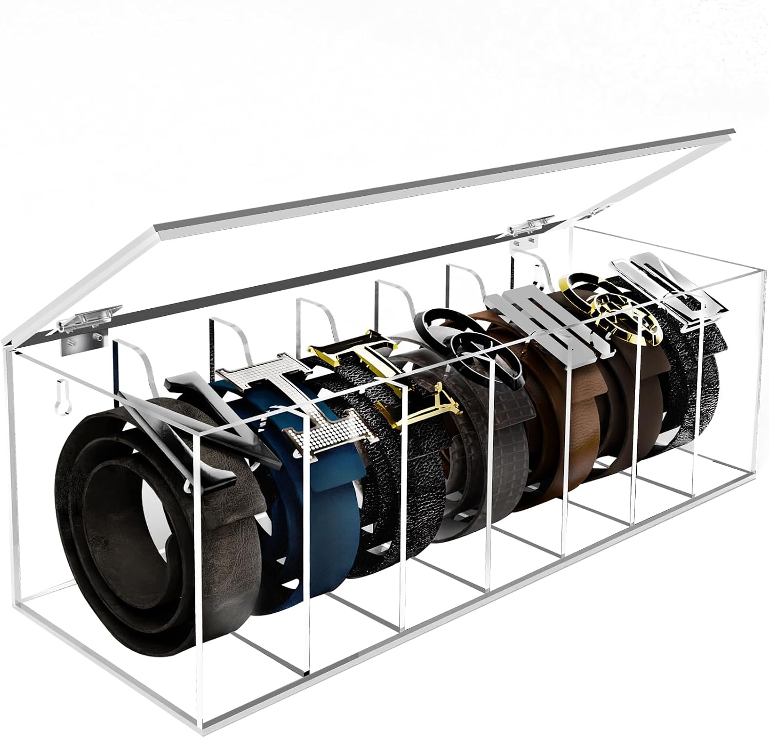 Acrylic Belt Organizer with Flap Dust Cover – 7-Compartment Clear Storage Case for Belts, Ties & Bow Ties | Closet & Drawer Display Holder for Men & Women