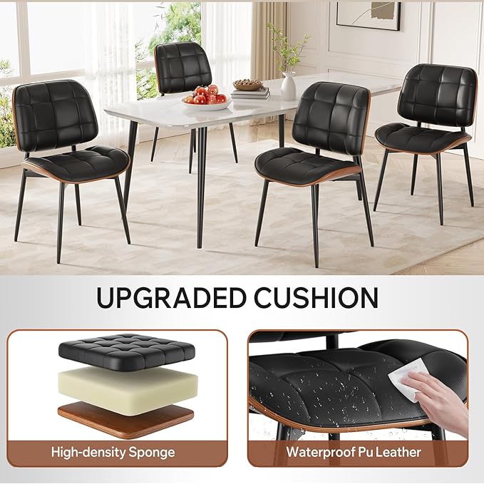 Dining Chairs Set of 4, Black Mid Century Modern Dining Room Chair, Upholstered Faux Leather Kitchen Chairs with Thick Cushion and Walnut Bentwood Back for Kitchen Dining Room, Black