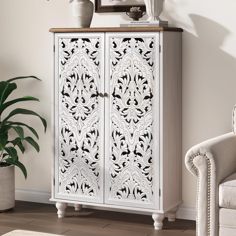 JOINICE 47" Tall Accent Cabinet with Carved Doors & Storage for Livi...