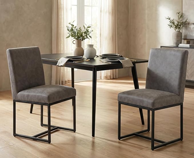 CIMOTA Modern Dining Chairs Set of 2, Leather Dining Room Chairs Upholstered Mid Century Armless Guest Side Chair with Black Base for Dining Room/Kitchen, Vintage Grey 2PCS
