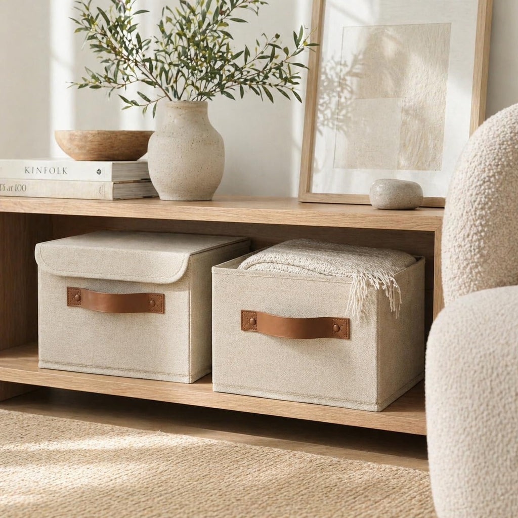 Decorative Linen Storage Boxes with Lids - Spacious Set of 2 Organizer Bins for Your Home Decor - The Perfect Small Container to Safely Store Photos, Documents and Memory Box Keepsakes in Style