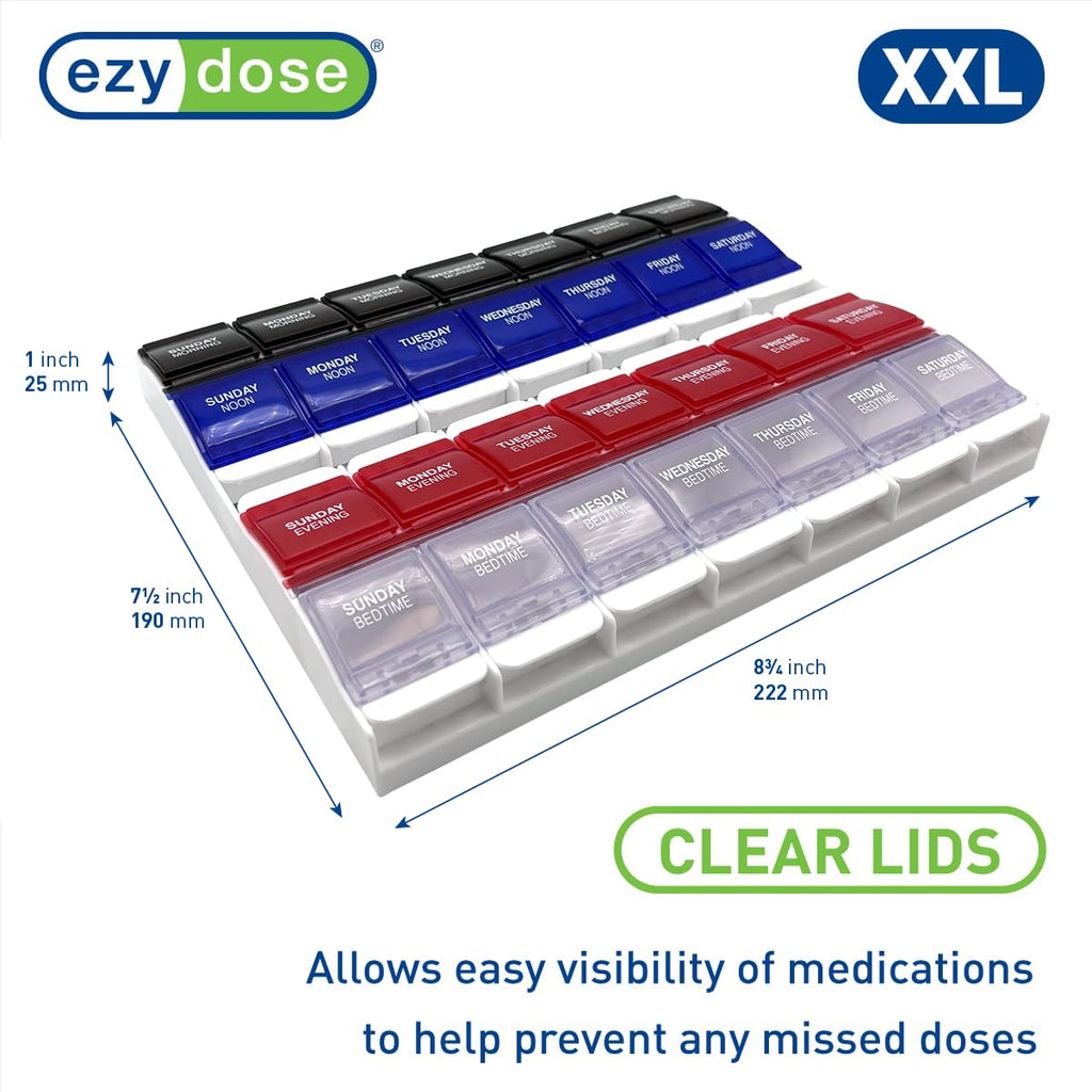 EZY DOSE Weekly (7-Day) Pill Organizer, Vitamin Container, and Daily Medicine Planner, 2X-Large Push Button Compartments, Arthritis Friendly, Easy to Use, 4 Times a Day, Color-Coded Lids, BPA Free