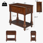 Set of 2 Narrow End Table with Drawer, 2-Tier Tables-Cherry Walnut | Skinny End Table with Storage Shelf, Small Nightstand, Tiny Sofa Side Table for Living Room, Wooden Nightstand for Bedroom
