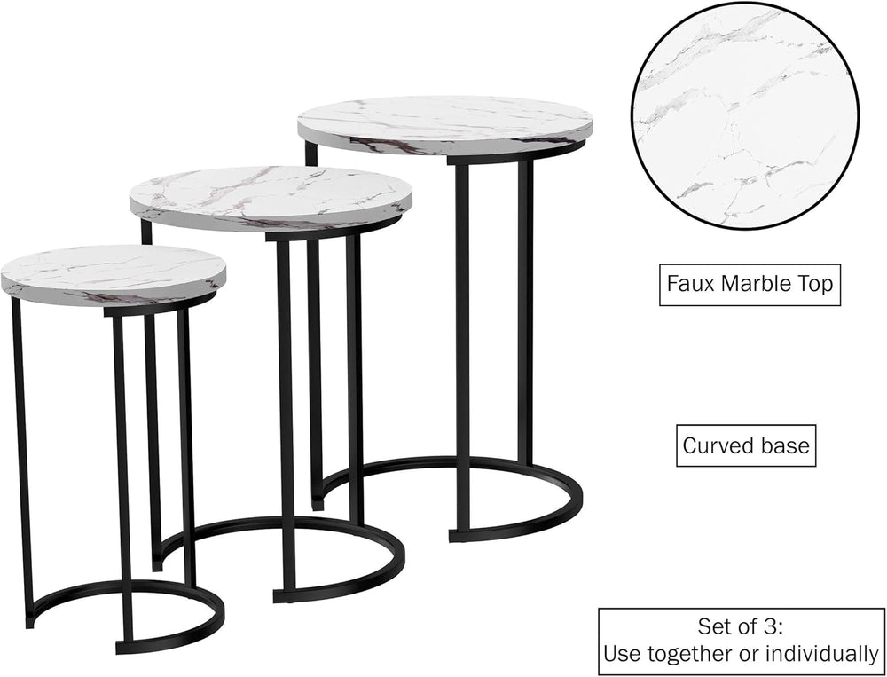 Lavish Home Round Nesting Tables Set of 3, Faux Marble Tabletop, White | 25”H...