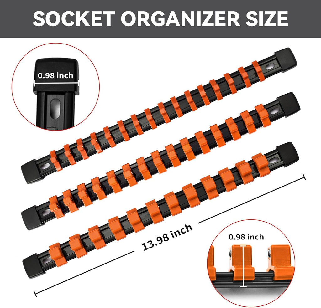 Socket Organizer Drive ABS Tools - Orange Socket Holder, Premium Quality 12 Pieces Socket Holders Kit 1/4-Inch x 64 Clips, 3/8-Inch x 60 Clips, 1/2-Inch x 48 Clips（12PC,Orange)