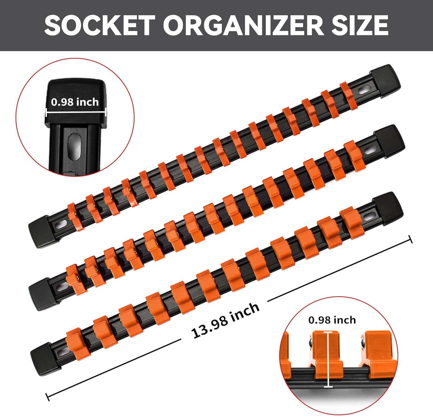 Socket Organizer Drive ABS Tools - Orange Socket Holder, Premium Quality 12 Pieces Socket Holders Kit 1/4-Inch x 64 Clips, 3/8-Inch x 60 Clips, 1/2-Inch x 48 Clips（12PC,Orange)