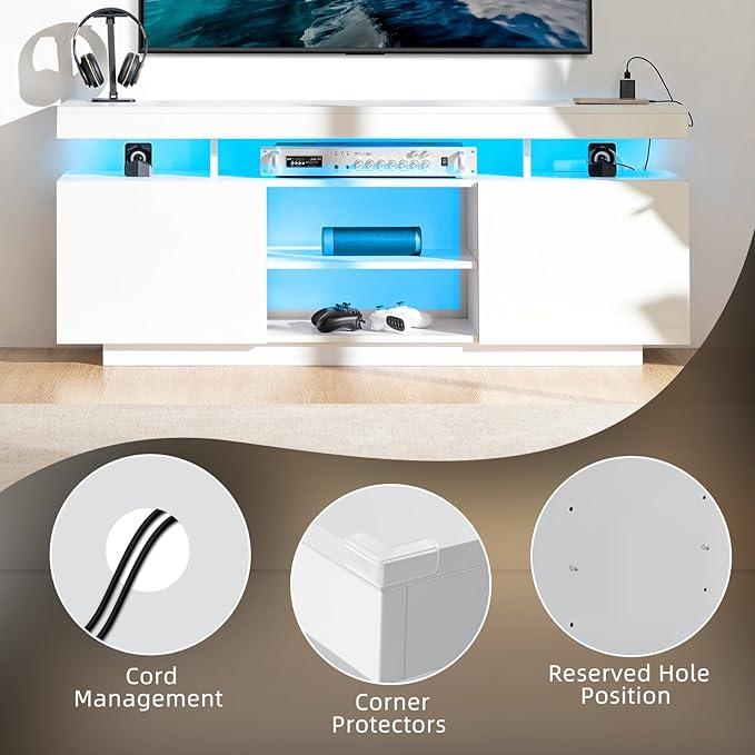 HOMMPA Modern LED TV Stand for 65/60/55 inch TV with Power Outlets, Gaming Console Storage Entertainment Center with LED Lights Game Cabinet for Living Room White