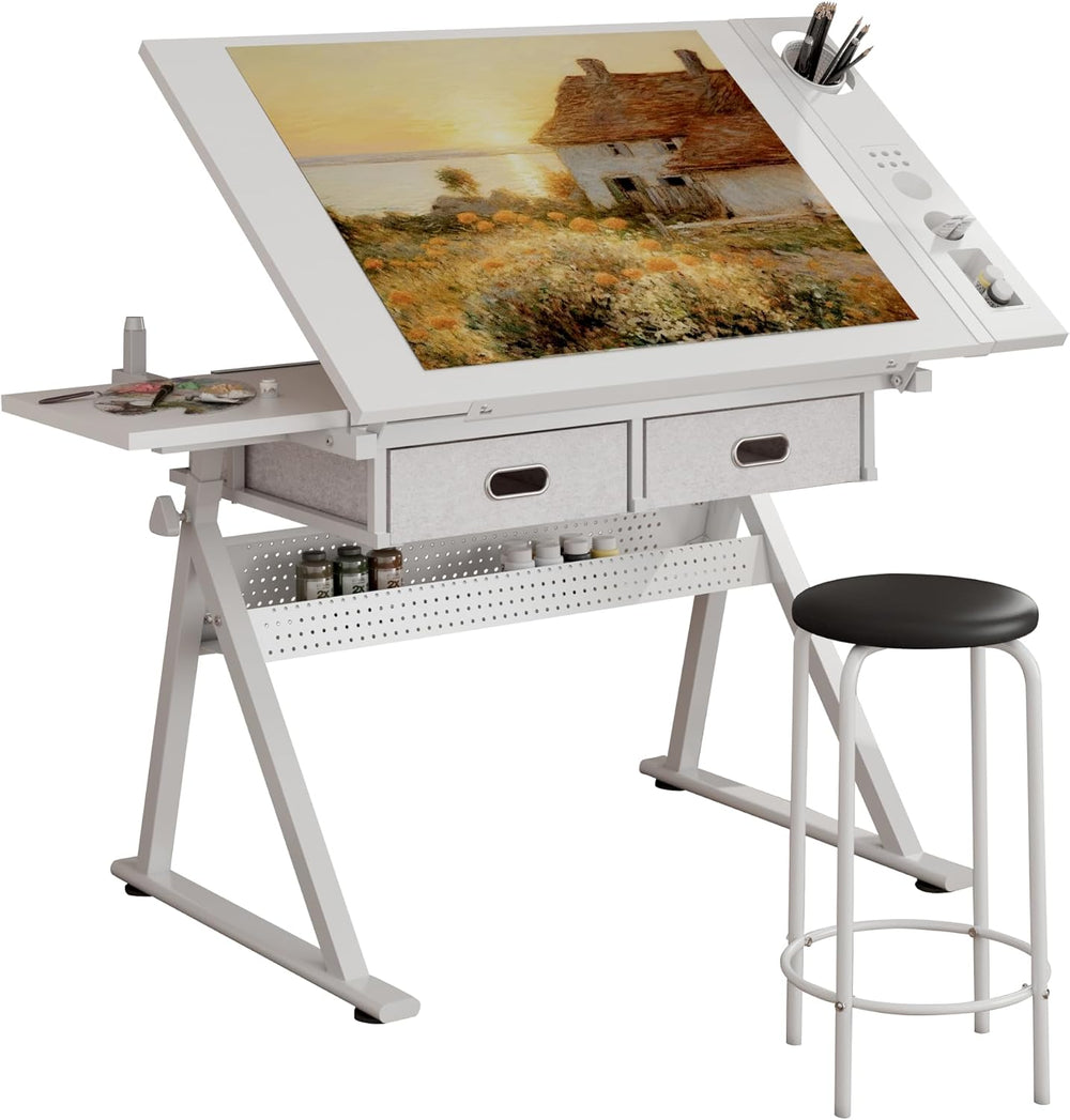 Adjustable Drafting Table Desk, 38.58” x 23.62” MDF Metal Writing Desk with 2...