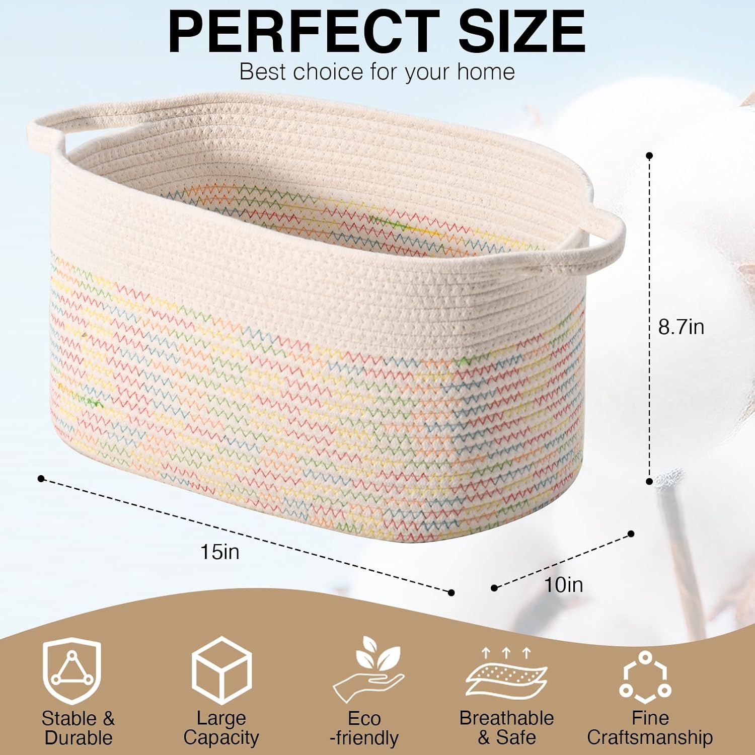 DUHEL Cotton Rope Woven Storage Basket, Used for Baby Hamper Toy Organizer, Gift Baskets Empty,Kids Laundry Basket,Baby Blanket Basket. Size 15x10x8.7 Inches. (White&Colored Stitching-3Pcs)
