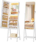 LVSOMT Jewelry Armoire Cabinet Standing, Full Length Mirror with Storage | Space-saving Mirror with Jewelry Storage, Built-in LED Makeup Mirror, Jewelry Organizer Cabinet for Women, White